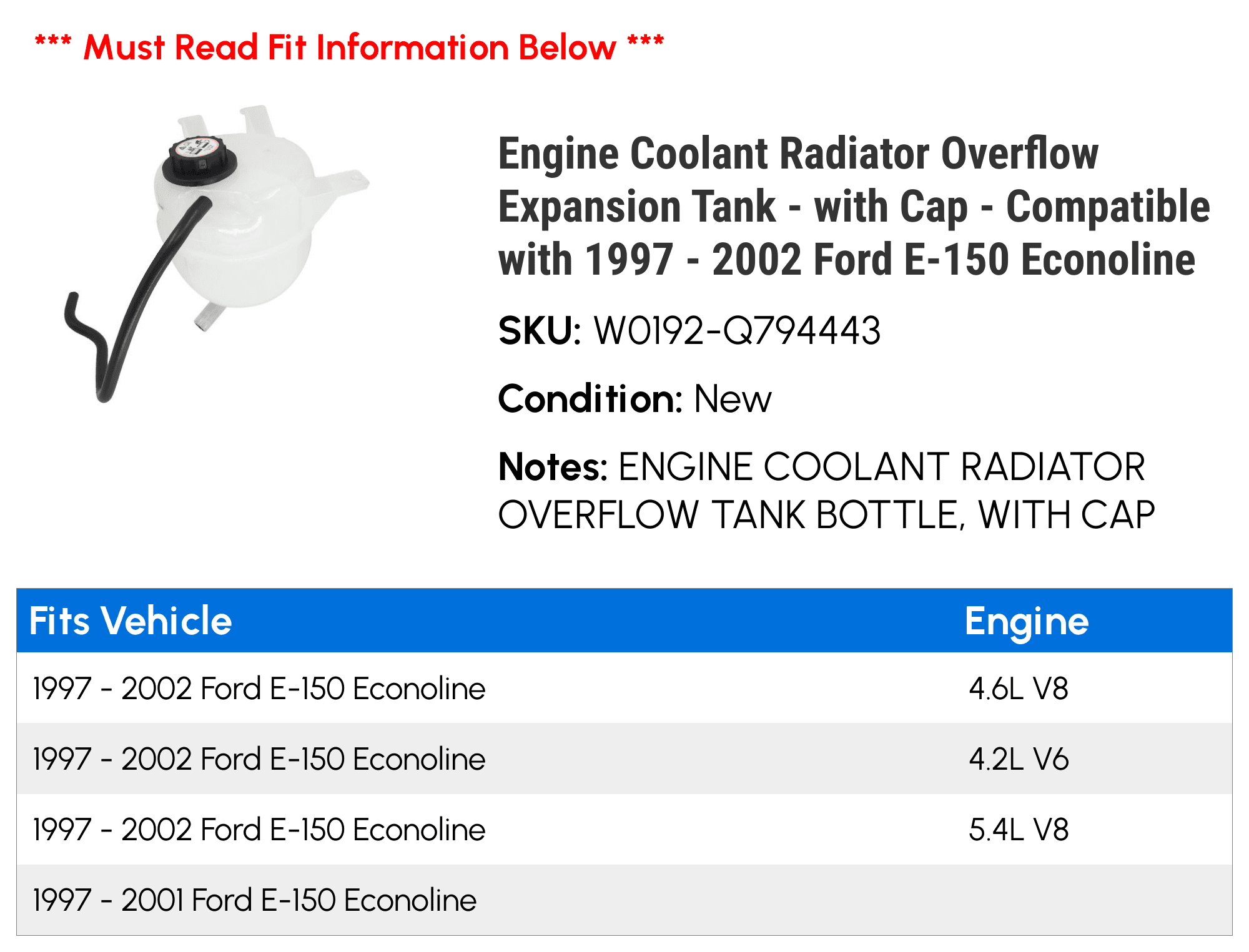 Engine Coolant Radiator Overflow Expansion Tank - with Cap - Compatible with 1997 - 2002 Ford E-150 Econoline 1998 1999 2000 2001