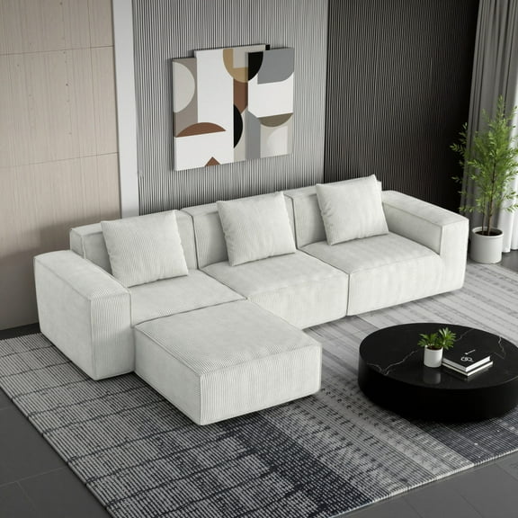 118-inch Modern Style Combination Sofa, Oversized Sofa Bed, Freely Convertible without Assembly, Corduroy Fabric, Three - Person Combination Sofa with Footrest, Simple Design Living Room Sofa, White