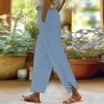 thumbnail image 5 of Blue Womens Sweatpants Women Solid Straight Solid Elastic Pants Long Linen Women Waist Cotton Casual Slit Trouser Legs Pants Casual Pants Women, 5 of 6
