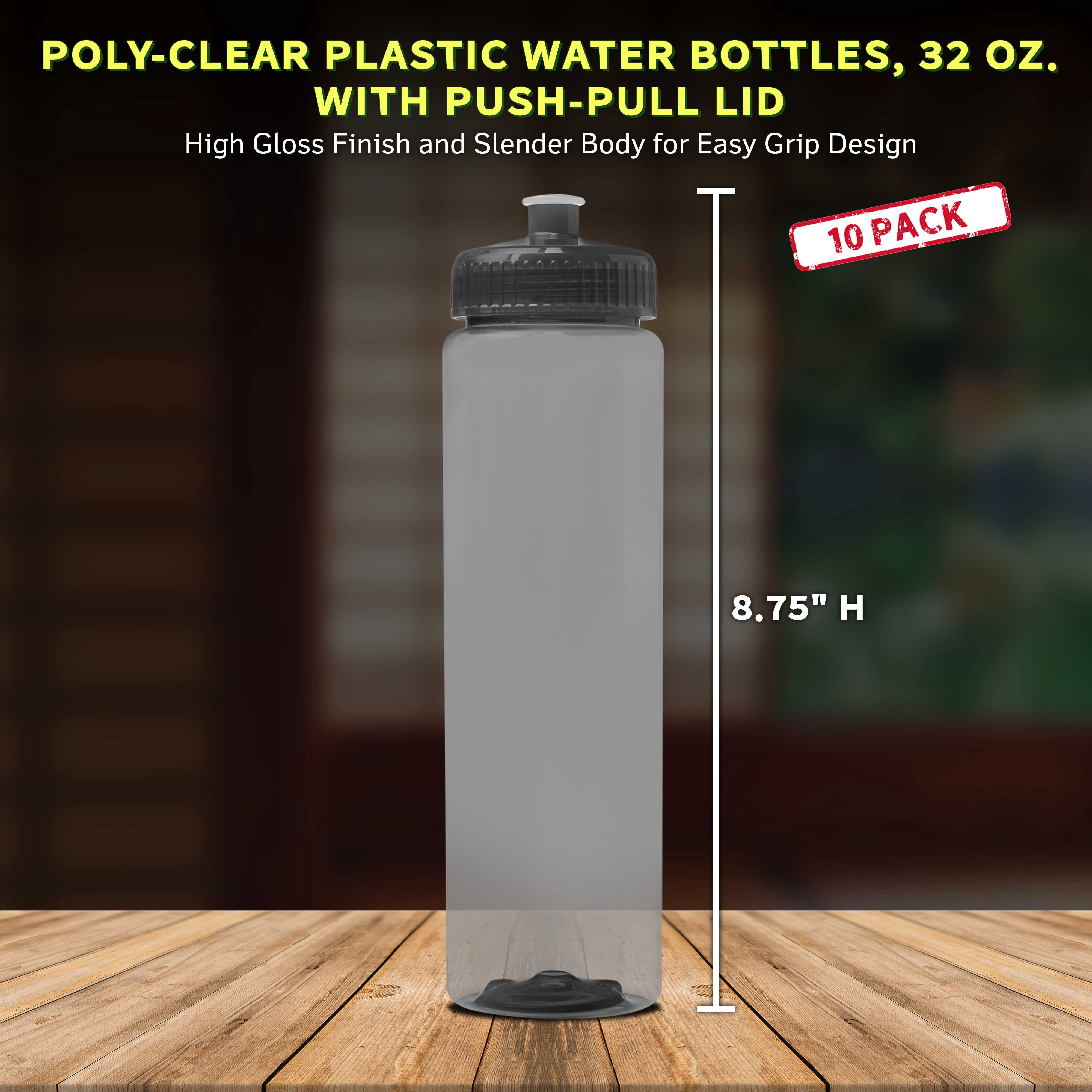 10 Poly-Clear Plastic Water Bottles Set, 32 oz. - Durable, Leak-Resistant, Push-Pull Lids - Trans Smoke
