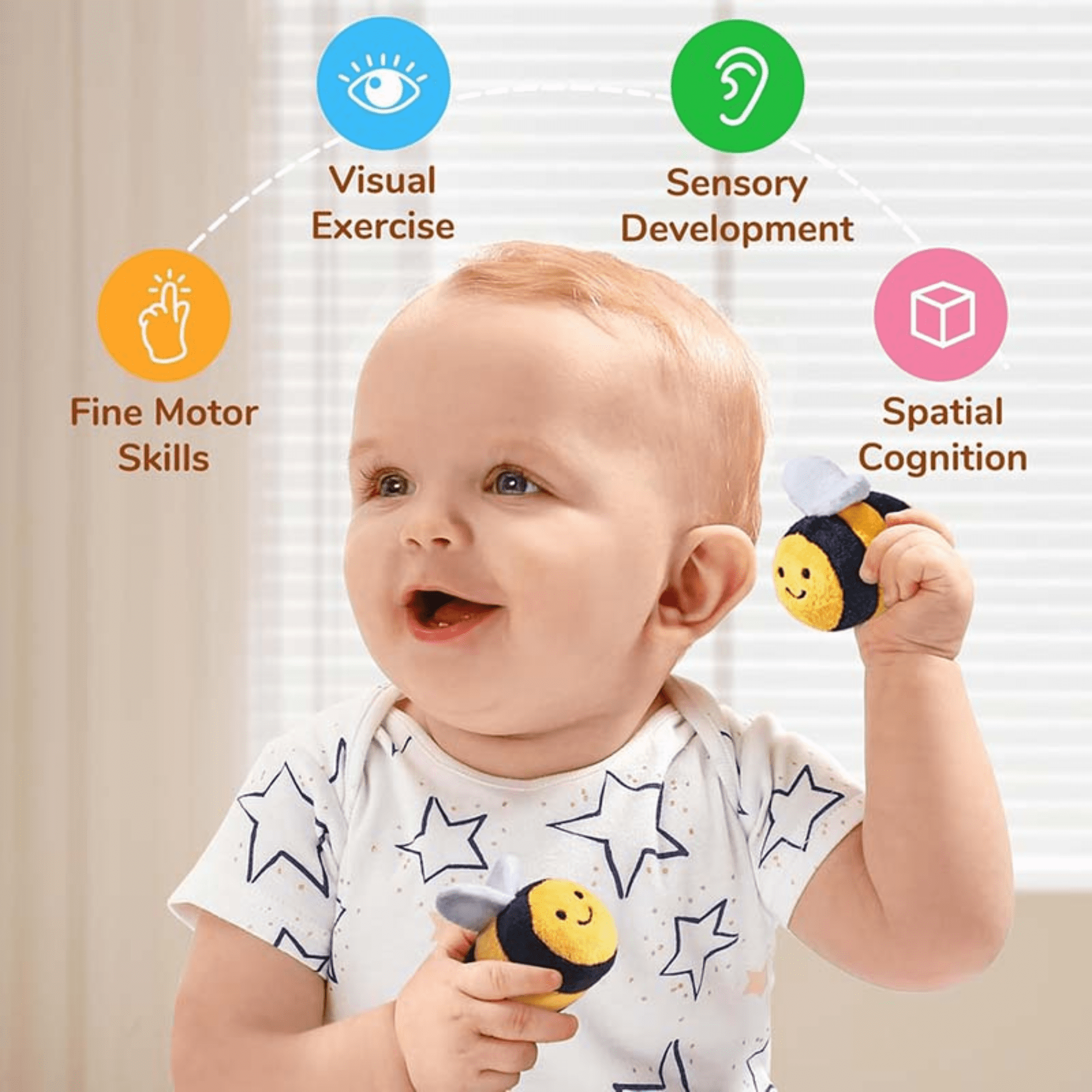 Baby Beehive Plush Toy with 5 Sensory Rattle Crinkle & Squeaker, Soft Stuffed Animal for Infants 6-12 Months, Educational Busy Toy for Toddler 0-3 Years Old Boy Girl Developmental Play,6pcs