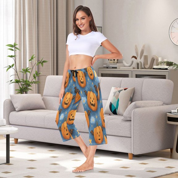 Women's Capri Pajama Pants with Side Pockets Spooky Evil Pumpkin Designs Lounge Sleep Pants Relaxed Fit Casual Sleepwear Loungewear for Home
