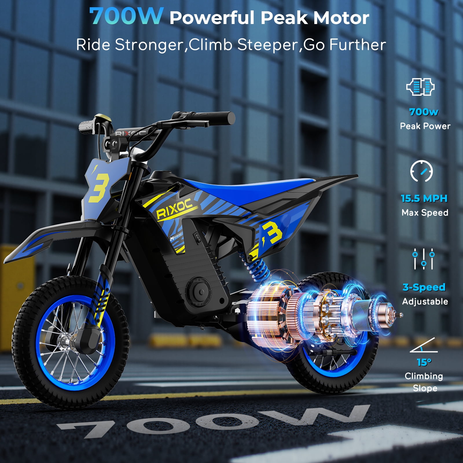 RIXOC DK-12 Electric Dirt Bike,3 Speed Modes up to 15.5 mph, 36V 5.2Ah Peak 700W Max 14Miles Electric Motorcycle for Child 8+ UL2272