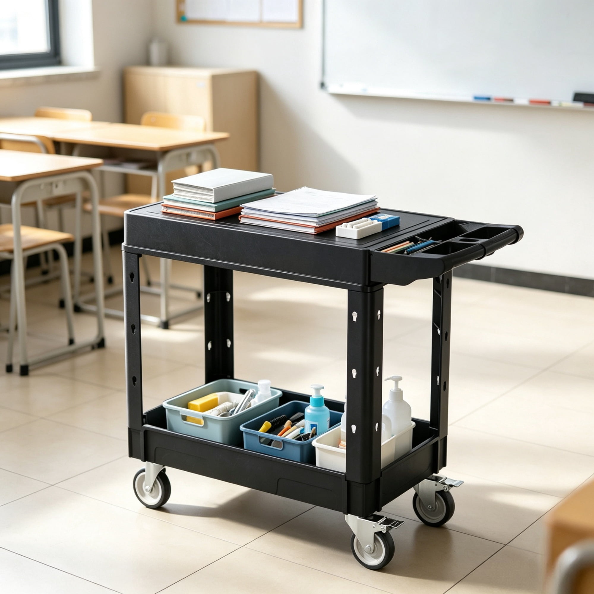 550lbs Utility Cart, 2-Shelf Heavy Duty Plastic Service Cart with 360° Swivel Wheels (2 with Brakes), Suitable for Warehouse, Garage & Cleaning, 31.3 x 17.7 Inch
