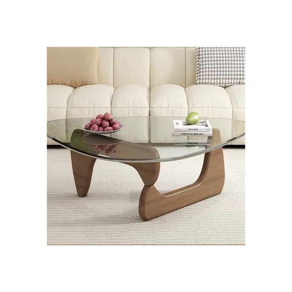 Modern Glass Coffee Table with Tempered Glass Top & Wood Base, Reception Office Tables, Minimalist Side Table for Living Room Bedroom