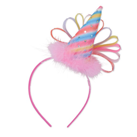 Adult size Multicolor Party Hat on Pink Headband with Ribbon and Sparkle - 1 per pack