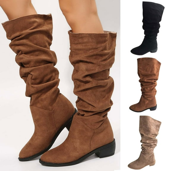 TKYCMSUAKI Rain Boots Women,Womens Faux Suede Knee High Boots Side Zipper Flat Low Heel Boot Shoes Pointed Toe Stretch Knee High Pull On Fall Weather Winter Boots