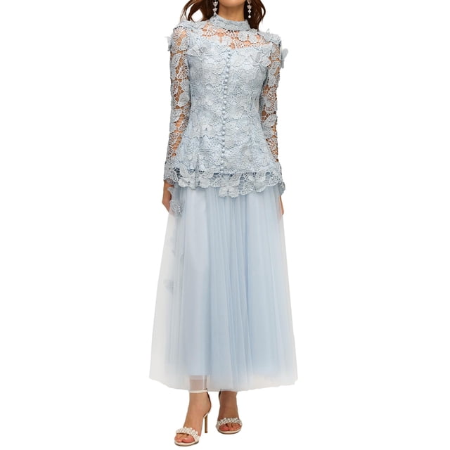Conjunto de falda azul Tsukko de manga larga con cuello alto para mujer