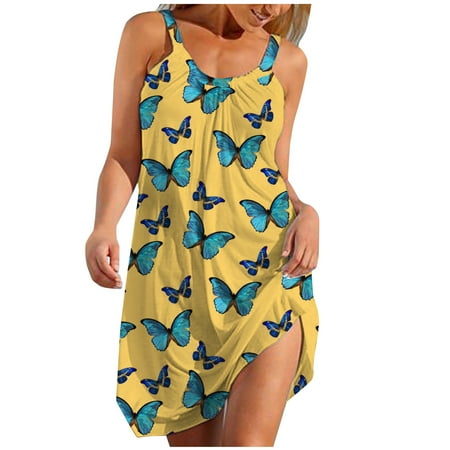 

Rutainlusire Womens Dresses Clearance Women Summer Casual Camis Sleeveless Round Neck Broken Flower Butterfly Printed Dresses Loose Dress
