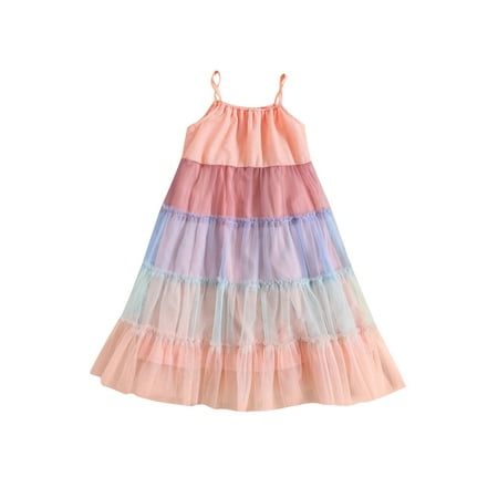 

Diconna Kids Girls Rainbow Stripe Tulle Dress Baby Summer Clothing Sleeveless Ruffle A-line Dress Casual Sweet Dresses 4-5 Years