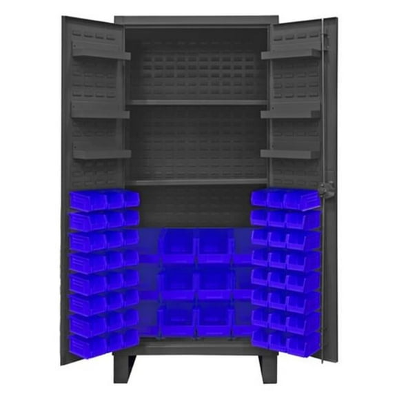 Durham HDC36-60-2S6D5295 12 Gauge Recessed Door Style Lockable Cabinet with 60 Red Hook on Bins & 2 Adjustable 6 Door Shelves, Gray - 36 in.