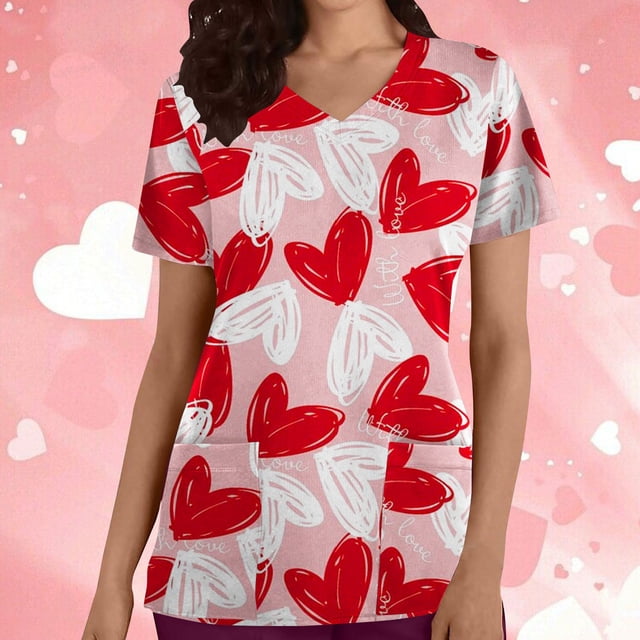 TIMIFIS Blouse Rouge à Manches Courtes Col en V Imprimée pour Femmes avec Poches-Rouge Imprimé