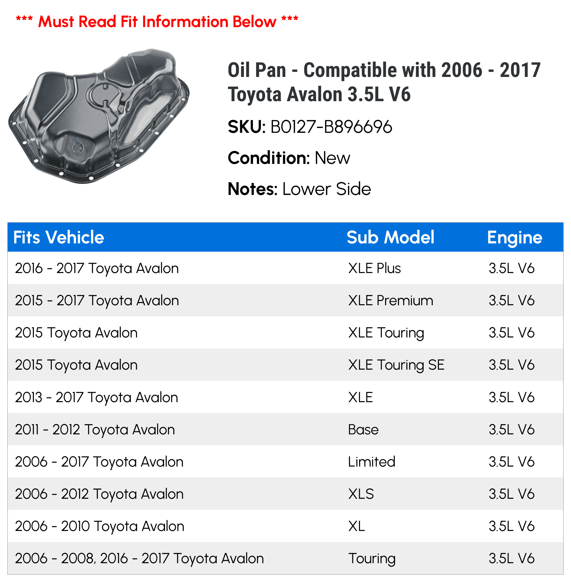 Oil Pan - Compatible with 2006 - 2017 Toyota Avalon 3.5L V6 - Autopart Premium