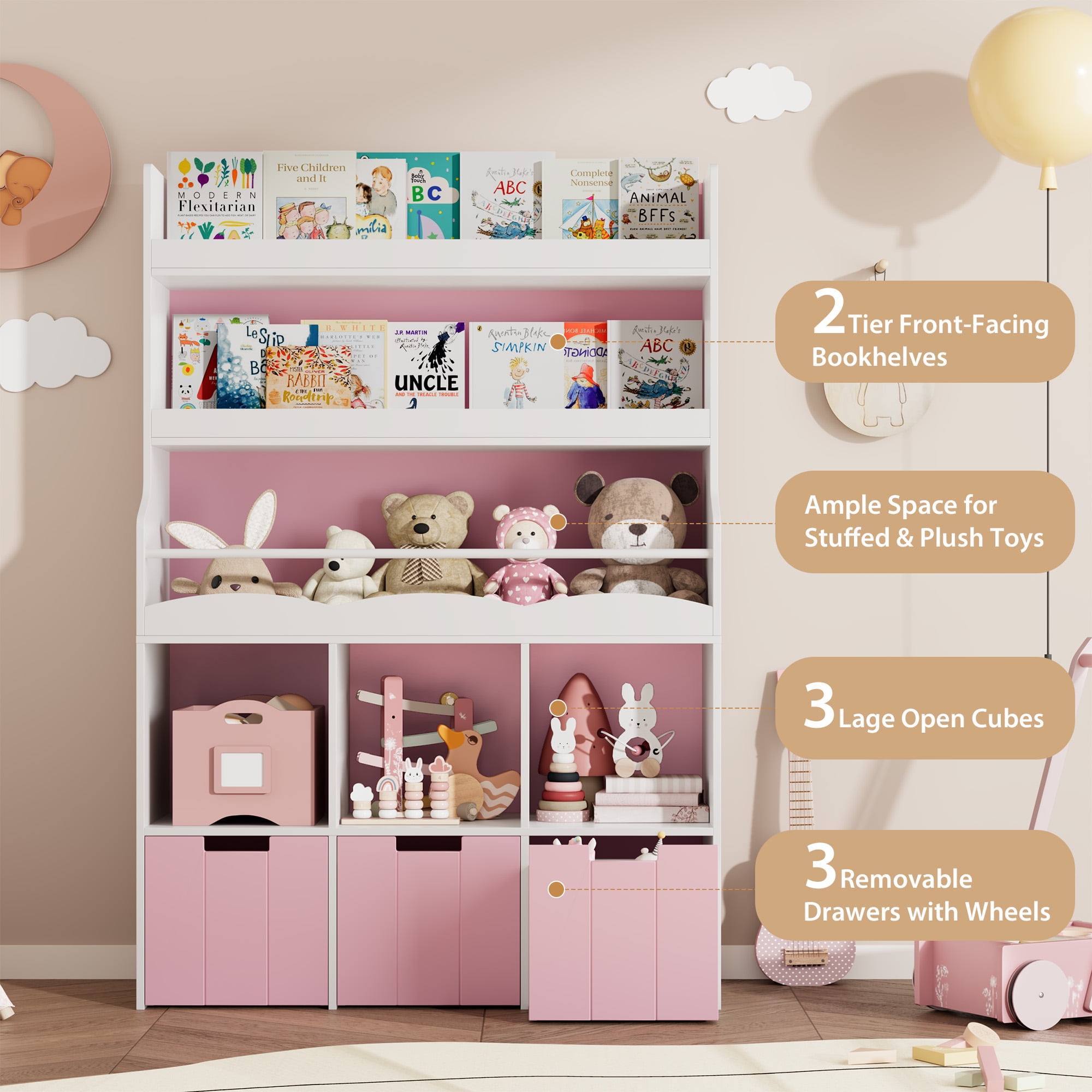 Homfa 55.5” H Kids Bookshelf with 2-Tier Book Shelves, Children Toy Organizer with 3 Cubes and Removable Drawers, Pink & White