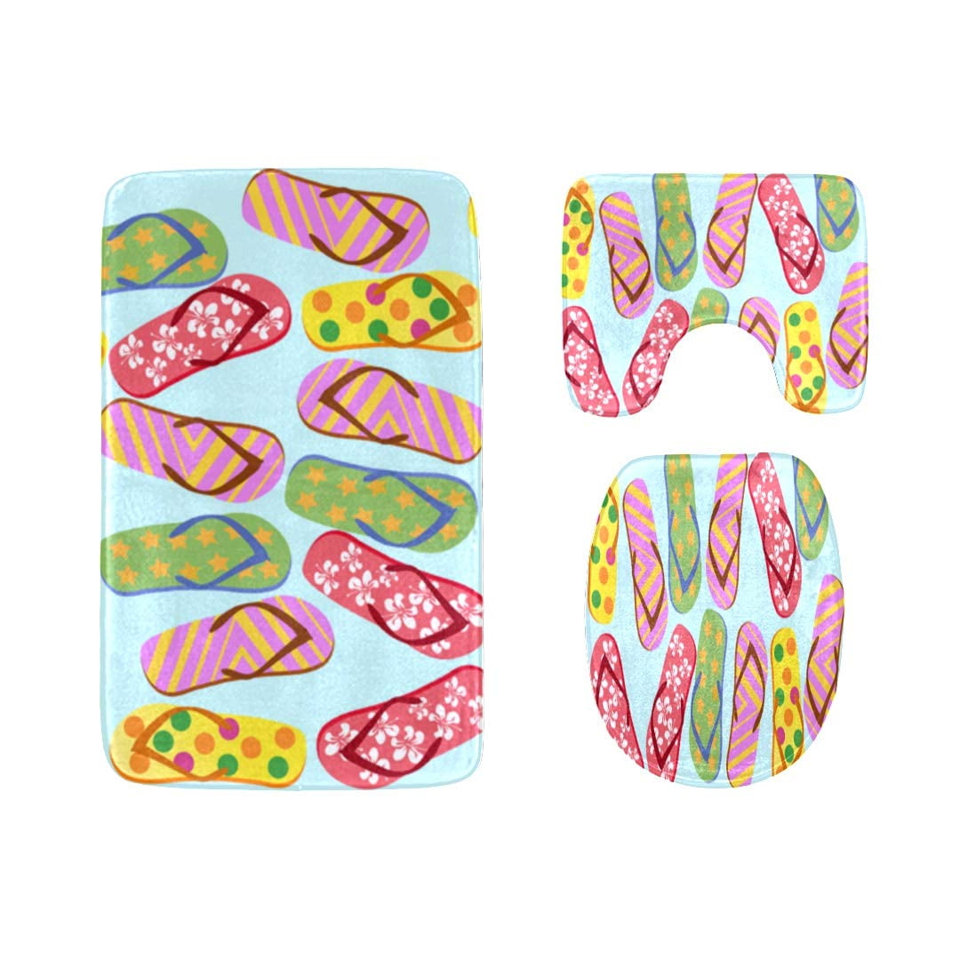 PUDMAD Cute Colorful Flip Flops 3 Piece Bathroom Rugs Set Bath Rug