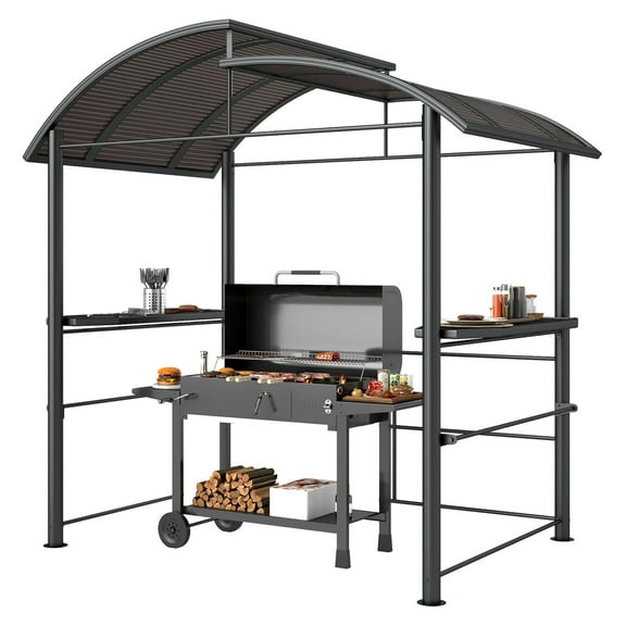 SAZYY 8x5 Outdoor Grill Gazebo with Vented PC Roof, BBQ Shelter with Side Shelves & Canopy Cover for Patio Garden