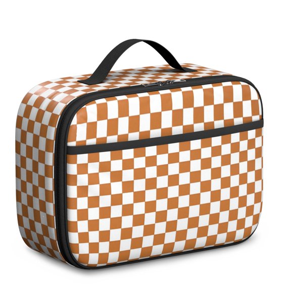 Orange and White Checkered Pattern Insulated Lunch Bag Teens,Bento School Lunch Bag for Teens for Work,Picnic or Travel 10.6x7.7x4.3 Inches,12 Can Capacity