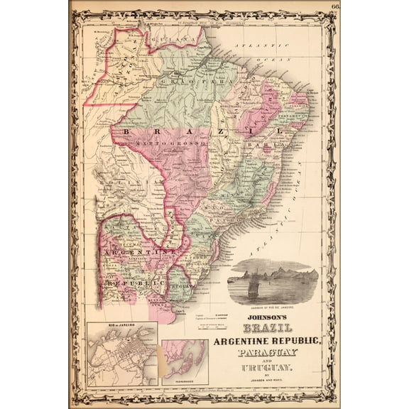 24"x36" Gallery Poster, map of Brazil, Argentina, Paraguay, Uruguay 1862