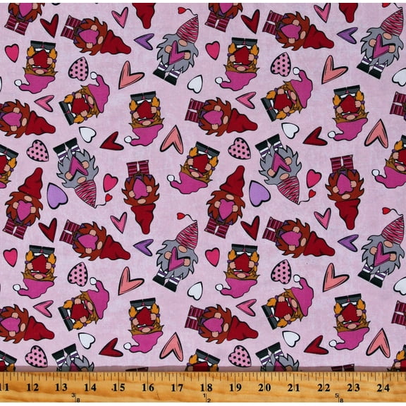 Cotton Valentines Gnomes Hearts Love Valentine's Day Pink Cotton Fabric Print by the Yard (120614)