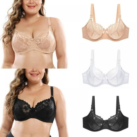 

3pcs Women Lace Bra Full Coverage Bra Non Padded Lingerie Embroidery Floral Bralette Gathered Bra with Underwire Bra
