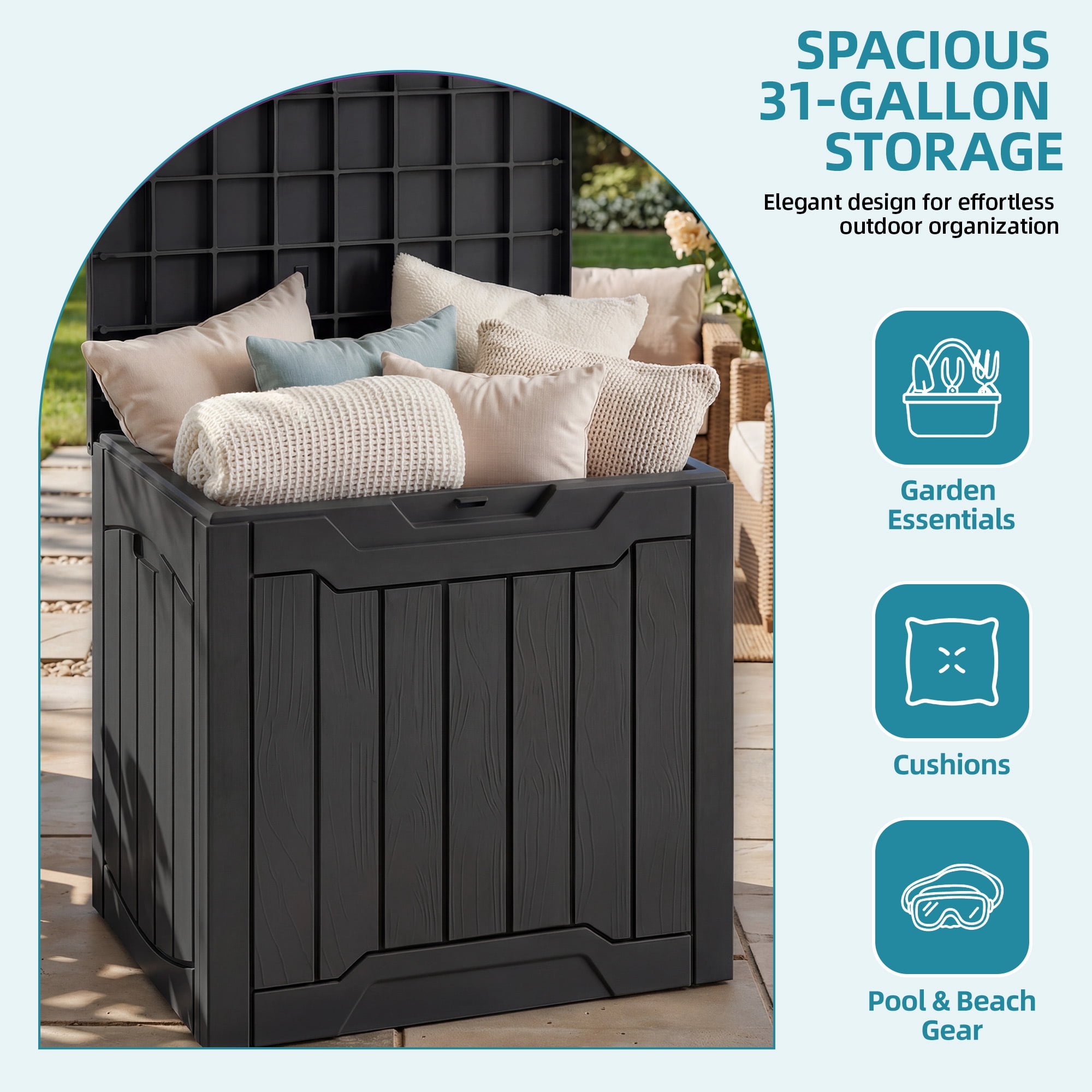 Uforic 31 Gallon Waterproof Resin Outdoor Storage Box, Lockable Deck Box & Package Delivery Box for Patio, Garden Tools & Pool Supplies, Black