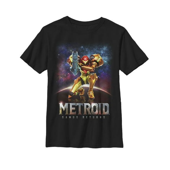 Boy's Nintendo Metroid Samus Returns Cover Art Graphic Tee Black Medium