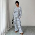 thumbnail image 2 of Domzest Womens 2 Piece Sets Crew Neck Long Sleeve Striped Blouse Matching Elastic High WaistWide Leg Pants Casual Spring Fall Outfits Blue XL, 2 of 6