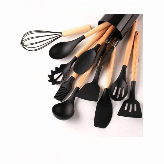 1 Set Kitchen Utensil Set, Silicone Cookware Set,12pcs Silicone Kitchen Utensil Set, Wooden Cooking Utensils, Kitchen Gadgets, Silicone Cutlery Set, Kitchen Tools With Storage Bucket