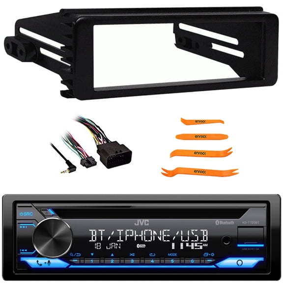 JVC KD-T720BT Single DIN Bluetooth USB/AUX CD Player AM/FM Radio Multimedia Stereo Receiver, 4-Piece Pry Tool Set, Single DIN Stereo Installation Kit for select 1998-2013 Harley Davidson Motorcycles