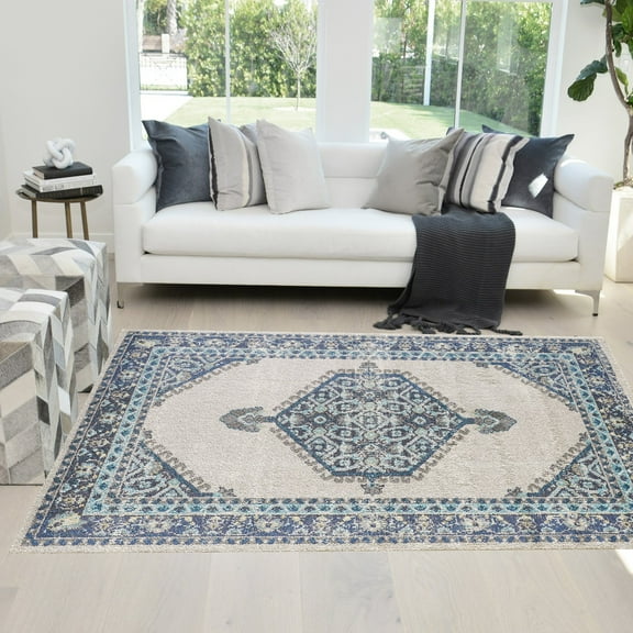 Faded Oriental Distressed Modern Vintage Design Persian Area Rug Ivory/Beige/Aqua Blue/Navy