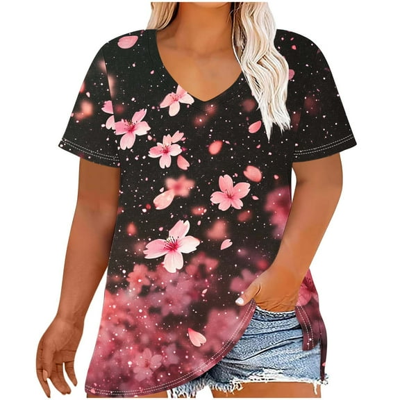 Women's Plus Size Shirts Casual Gradient Color Blouses Top V-Neck Fashion Floral Print Short Sleeve T-shirt Summer Loose Breathable Oversized Pullover Tops Print 02 5XL