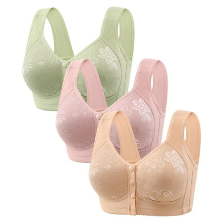 Gnurob 3 Pack Daisy Bras for Women No Underwire Bralette Front Closure Bra Comfort Senior Snap Closing Bralettes for Older Clearance Saving  04-Green 3X-Large