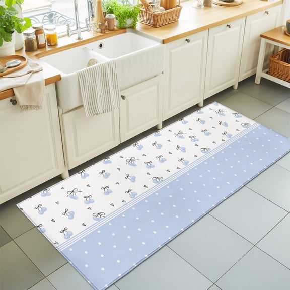 2'x6' Rug Runners for Hallways Kitchen, Blue Cherry Non Slip Entryway Beside Floor Carpet Runner, Elegant Pastoral Farmhouse Art Polka Dots Washable Laundry Room Bedroom Throw Rugs Mat for Family Pet
