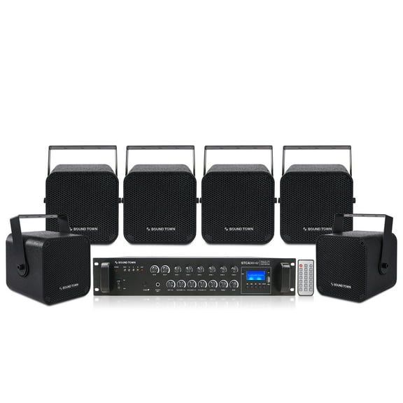 Sound Town 6-Zone 70V/100V Commercial Amplifier and 6 Wall-Mount 5” Installation Speaker System, for Restaurants, Bars, Cafes, Schools, Churches, Black