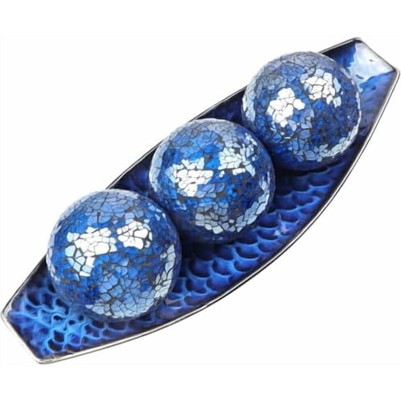 16" Large Ceramic Decorative Tray and 4" Glass Mosaic Balls Set of 4, Long Boat Shaped Centerpiece Bowl and Orbs Set for Home, Party Decor (Blue)$$Home Decor, Kitchen, & Other