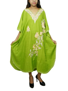 Mogul Women's Green Caftan Dress Floral Embroidered Bohemian Fashion Loungers Nightgown Maxi Dresses One Size