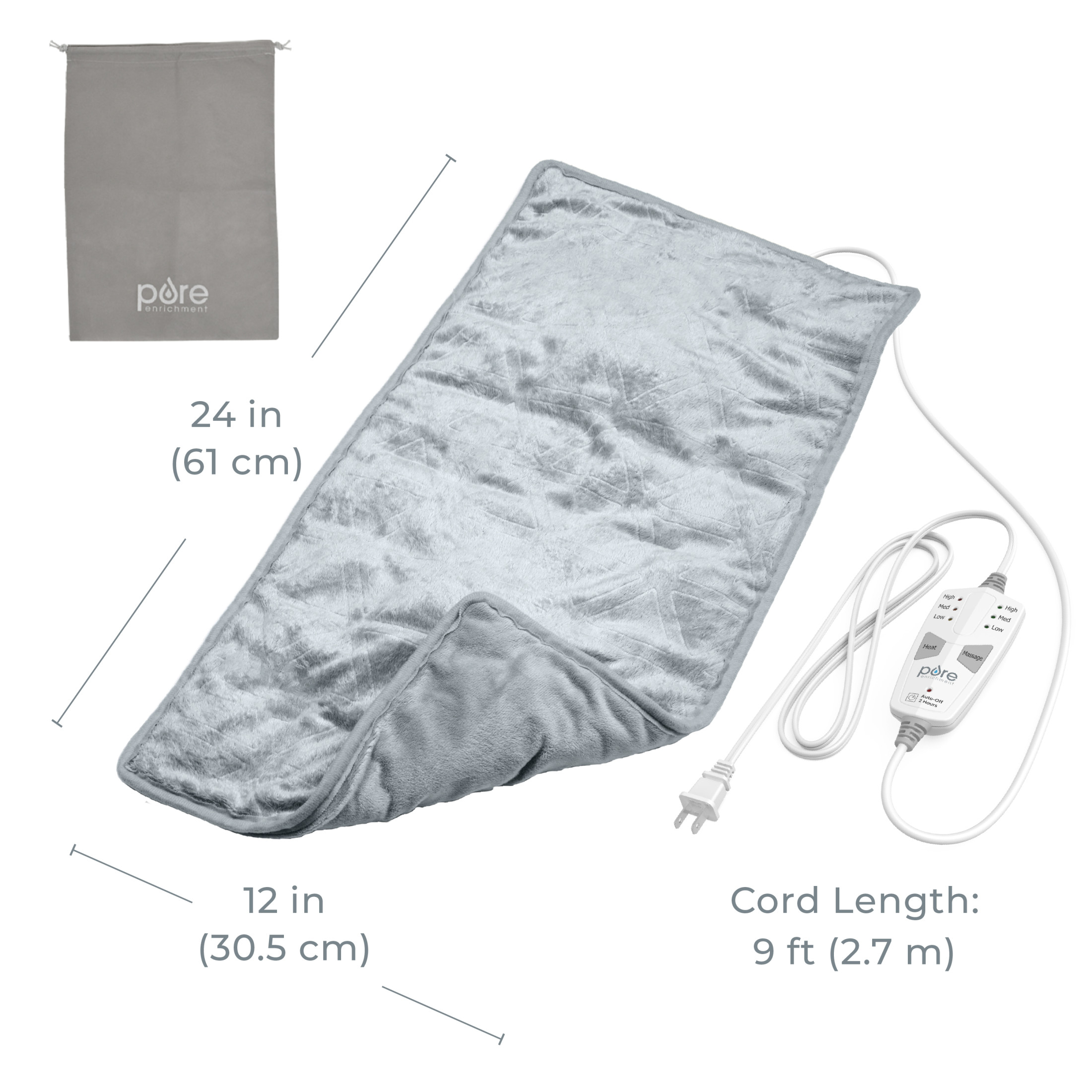 Pure Enrichment WeightedWarmth 3-in-1 Heating Pad - 3 InstaHeat Settings, 3 Massage Speeds & 4.1 lbs of Weighted Pressure for Shoulder, Neck, & Back Pain - 12” x 24” (Steel Gray)