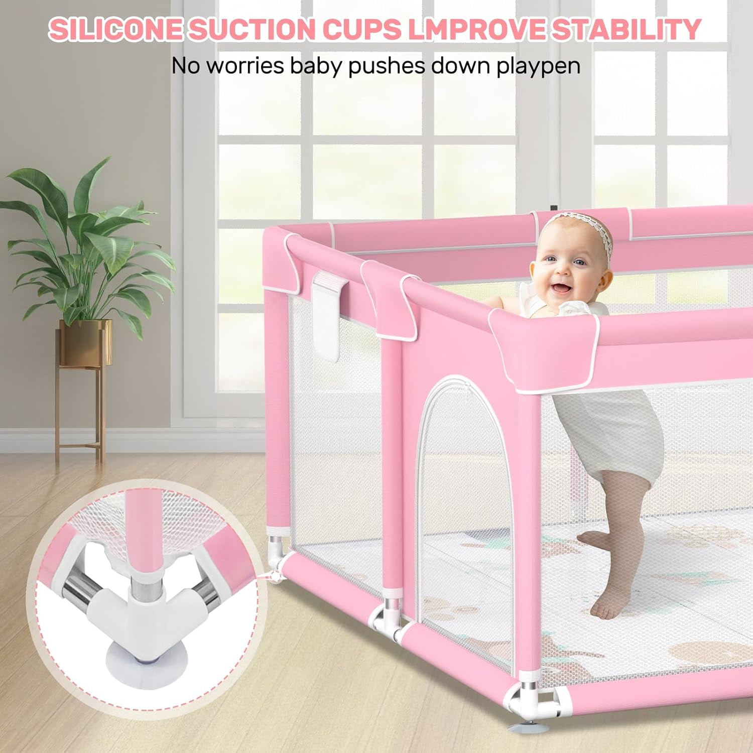 kmaier Baby Playpen, Large Indoor and Outdoor Play Yards, 360° Visibility , for Toddler-Pink