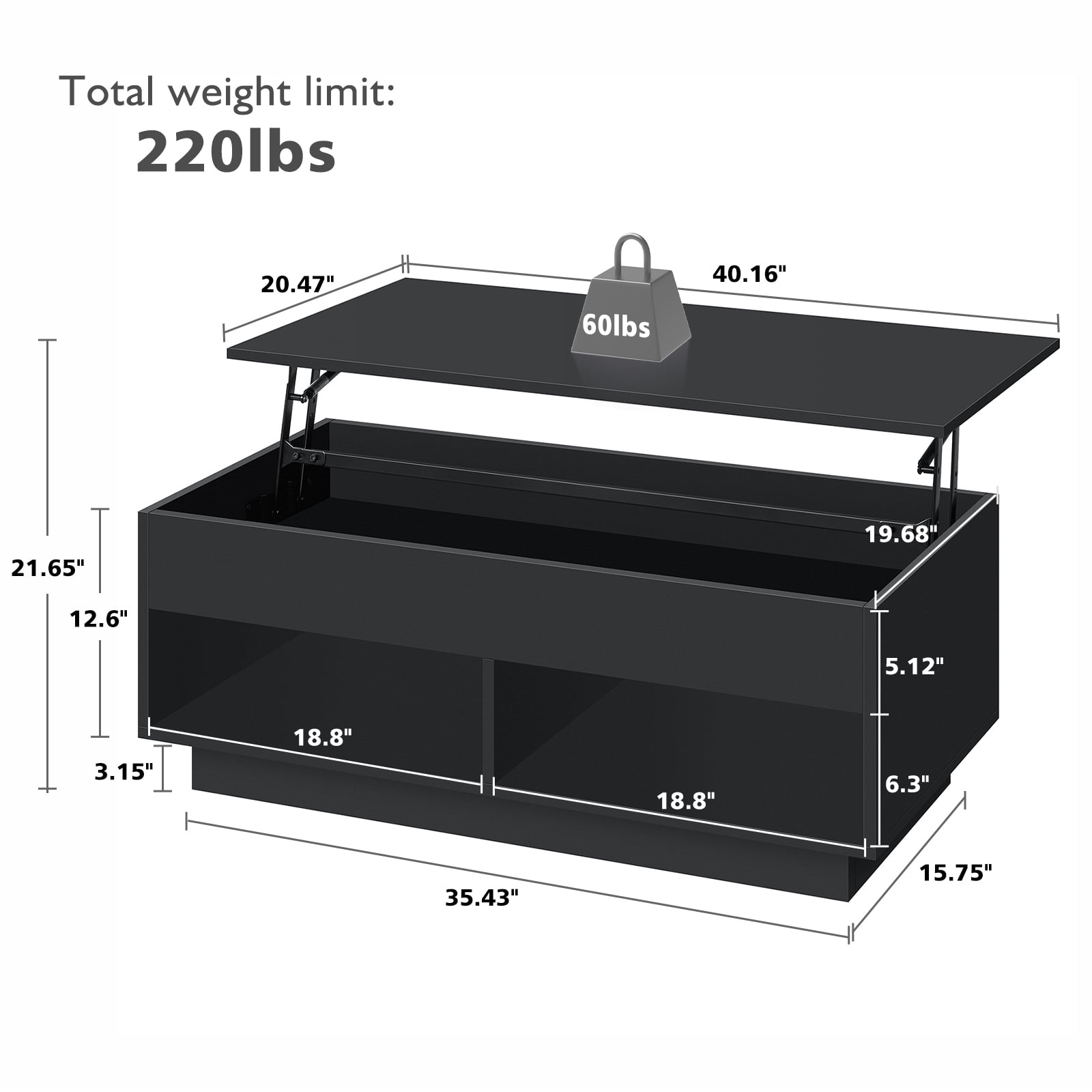 Hommpa Lift Top Coffee Table with Hidden Compartment High Gloss Black Coffee Tables LED Center Rising Cocktail Table for Living Room Accent Furniture