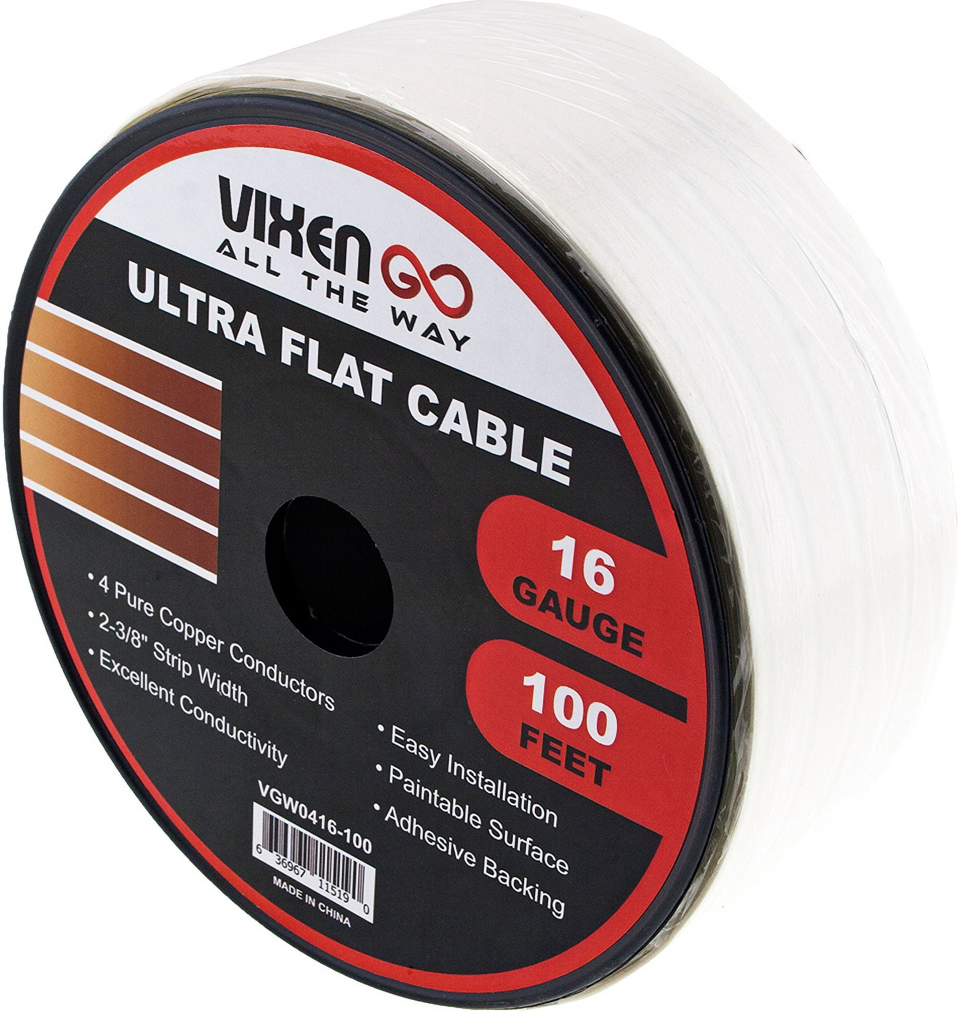 VIXEN GO Hidden Flat Wire 4 Conductor 16 Gauge Paintable Cable for Audio Speakers, Smart Doorbell, LED LIGHTING, LOW Voltage Appliances 100FT