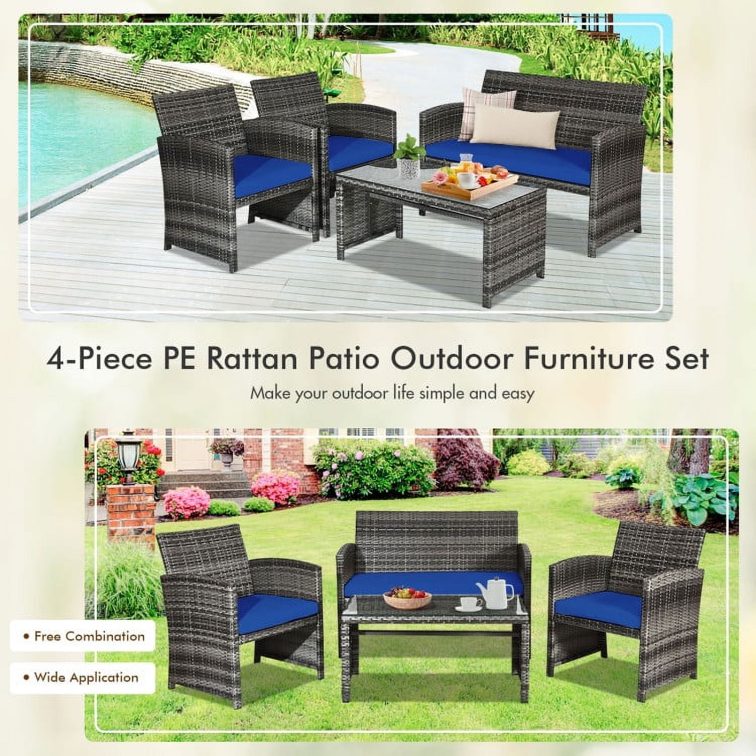 Aimee Lii 4 Pieces Wicker Patio Furniture Set with Cushions, Wicker Outdoor Sectional, Navy Aimee Lii 4 Pieces Wicker Patio Furniture Set with Cushions, Wicker Outdoor Sectional, Navy