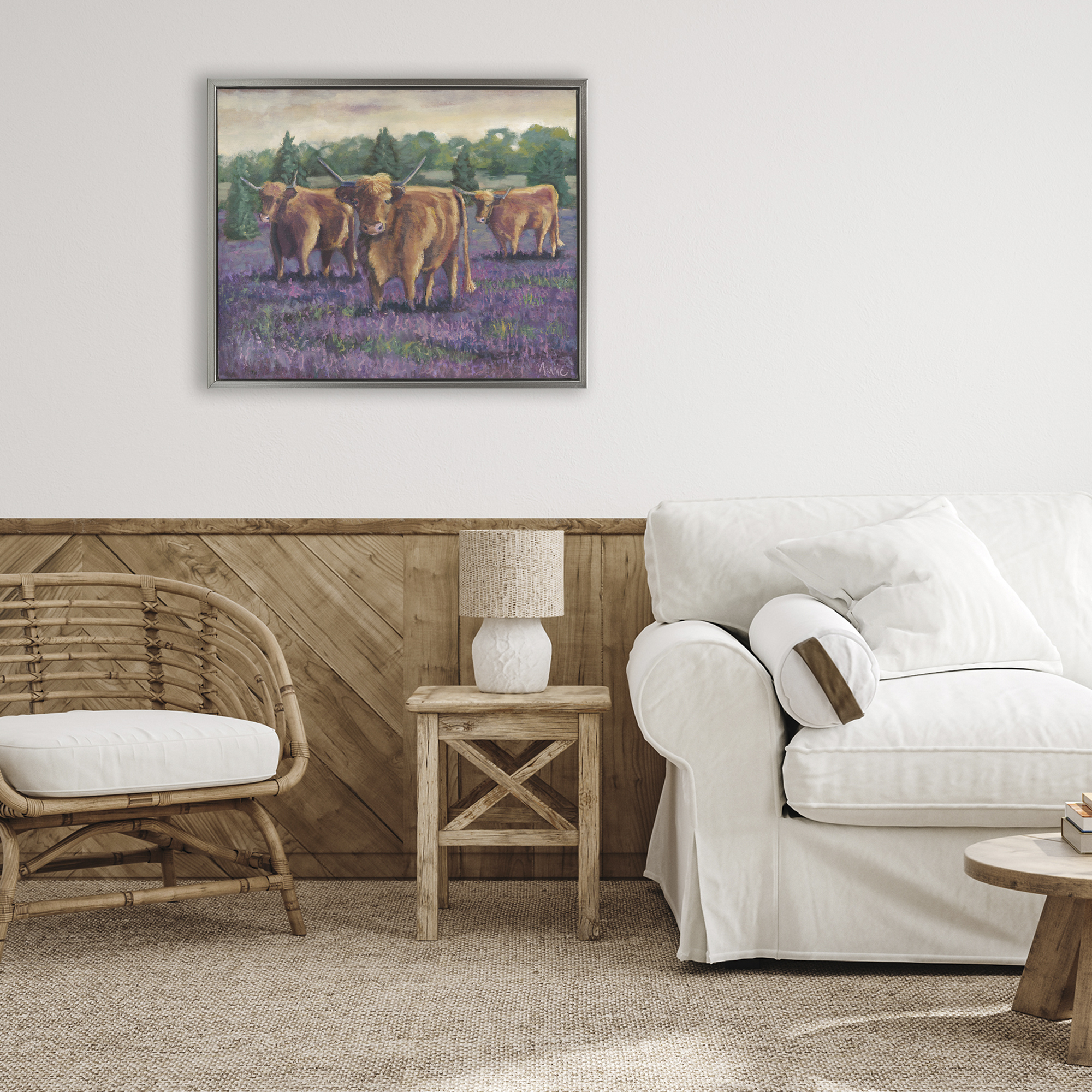 Purple Fields & Cows Gray Framed Floater Canvas Wall Art, design by Marnie Bourque