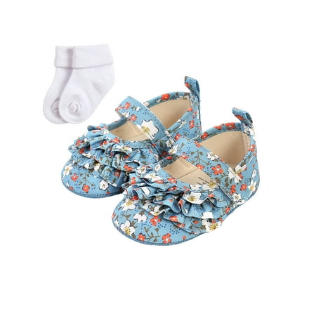 

Infant Baby Girls Casual Shoes Floral Printed Ruffled Soft Sole Princess Flat Shoes Set