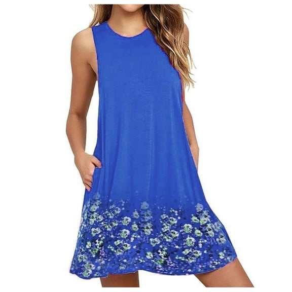 Wedding Guest Dresses For Women Weeding Guest Women Fashion O-Neck Printing Pocket Sleeveless A-Line Casual Night Dress Dress Party Sleeveless Printing Fashion A-Line Dress with Pocket