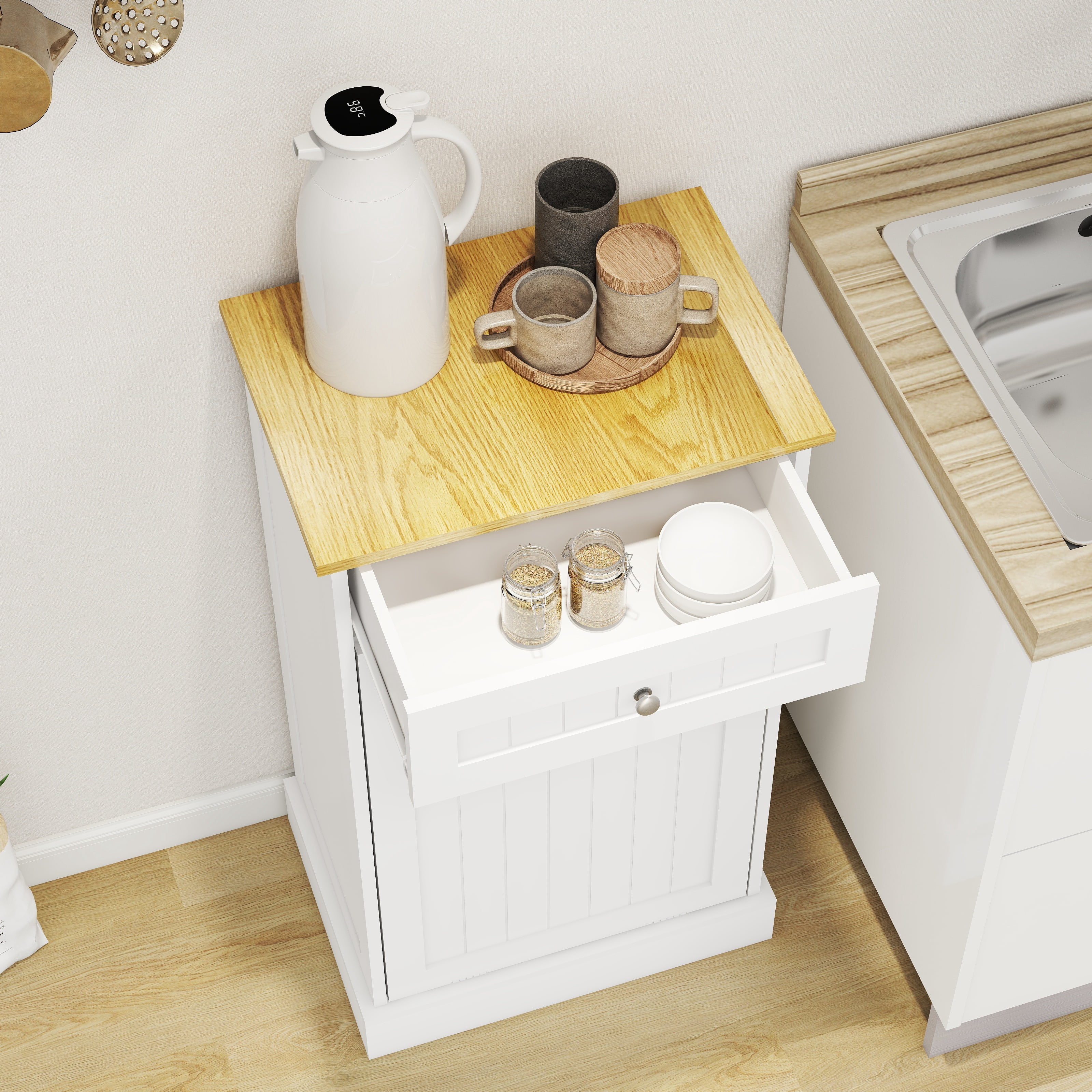 Aukfa Tilt Out Trash Cabinet,10 Gallons Freestanding Kitchen Trash Bin Cabinet,White