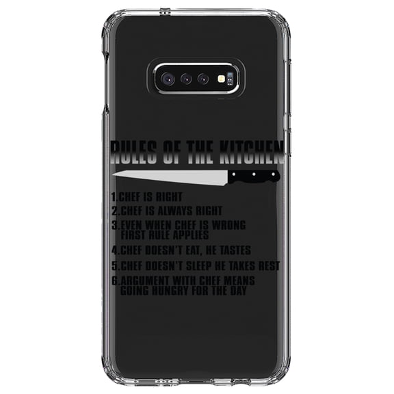 DistinctInk Clear Shockproof Hybrid Case for Samsung Galaxy S10e (5.8" Screen) - TPU Bumper Acrylic Back Tempered Glass Screen Protector - Rules of the Kitchen - Chef Is Right