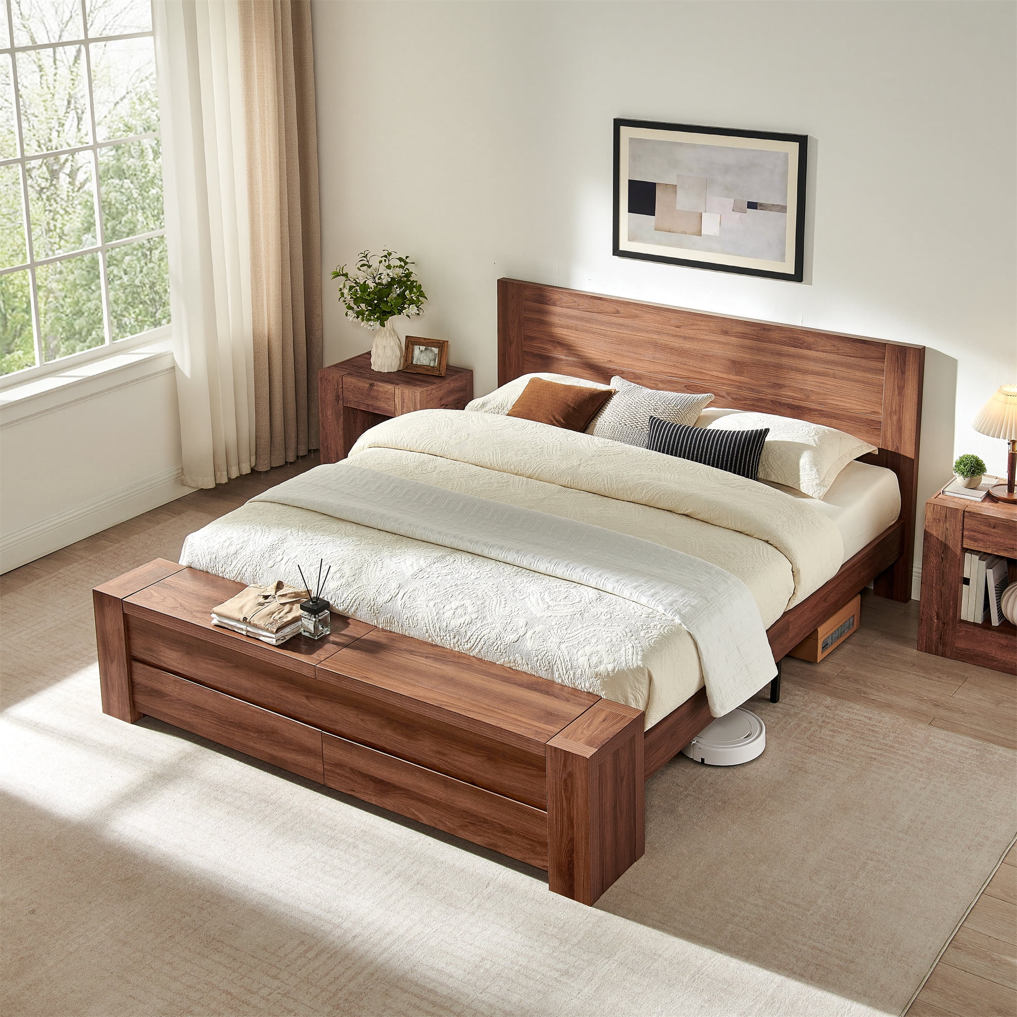 KeyWhat Modern King Size Storage Bed Frame with Panel Headboard, Footboard Storage Bench, Built-In Drawers, Lift-Up Compartments, No Box Spring Needed, Light Walnut