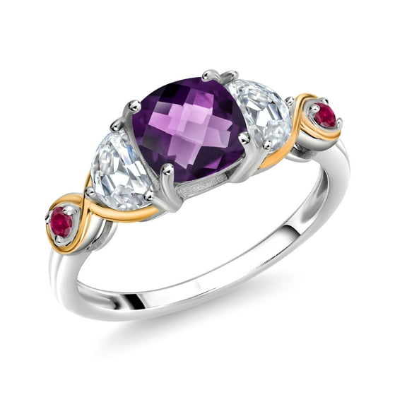 Gem Stone King 925 Silver and 10K Yellow Gold 3-Stone Ring Cushion Amethyst Half Moon Moissanite (1.36 Carat Cttw) (Size 5)