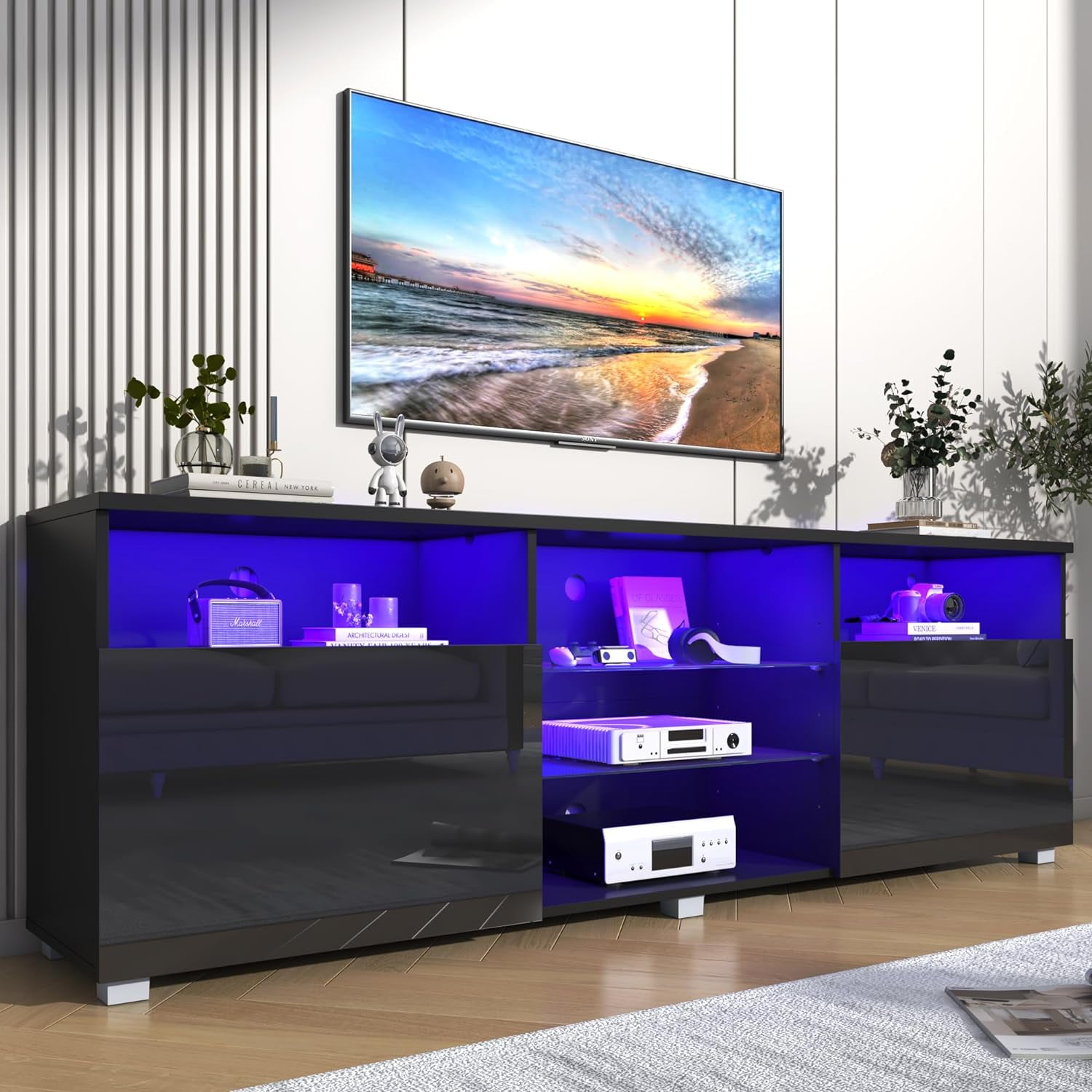 ChVans LED TV Stand for 70/75/80 inch, High Glass Modern Entertainment Center with LED Lights and Glossy Cabinets
