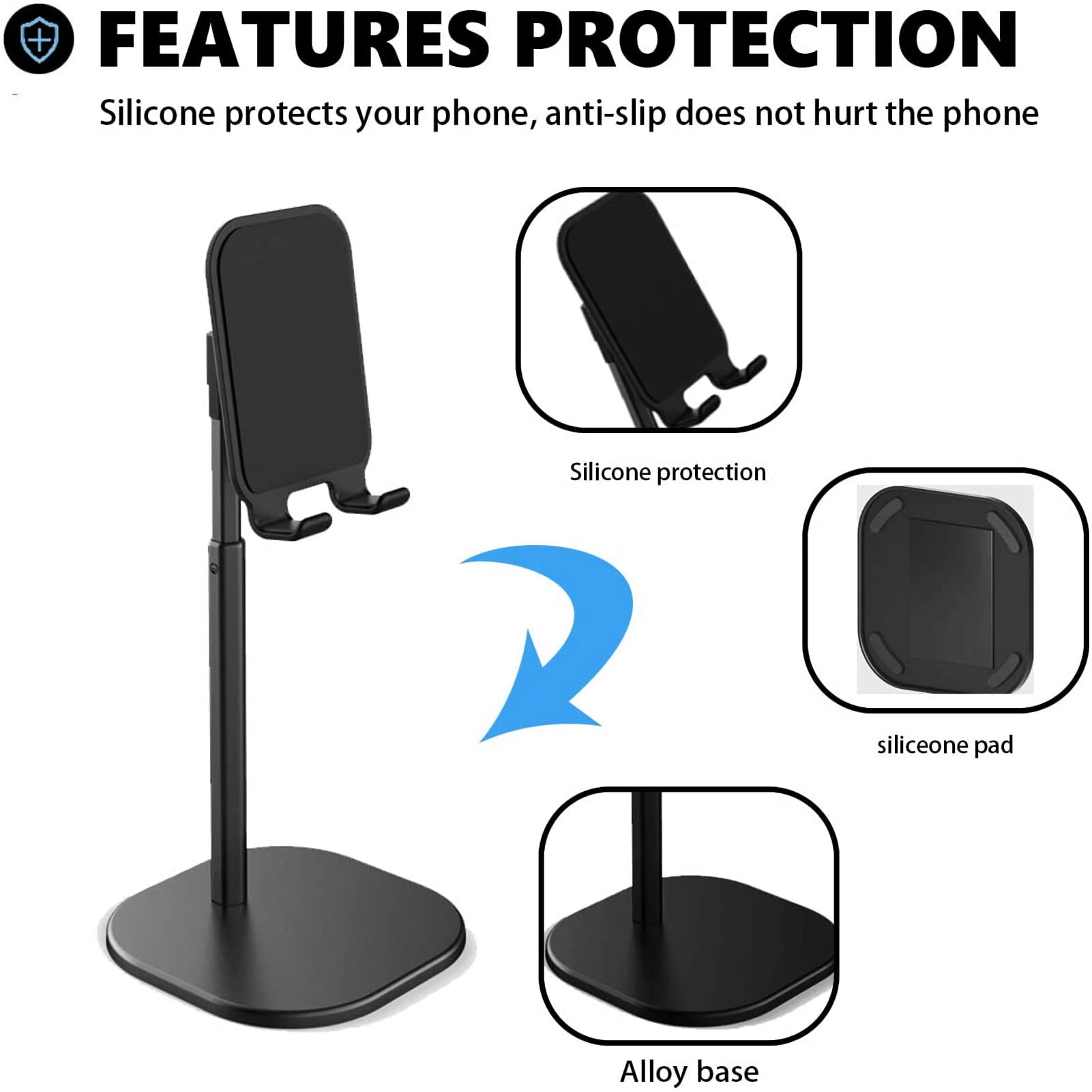 Cell Phone Stand for Desk Angle Height Adjustable Phone Holder Cell Phone Holder for Desk Cellphone Dock Compatible with All Mobile Phones (Black)